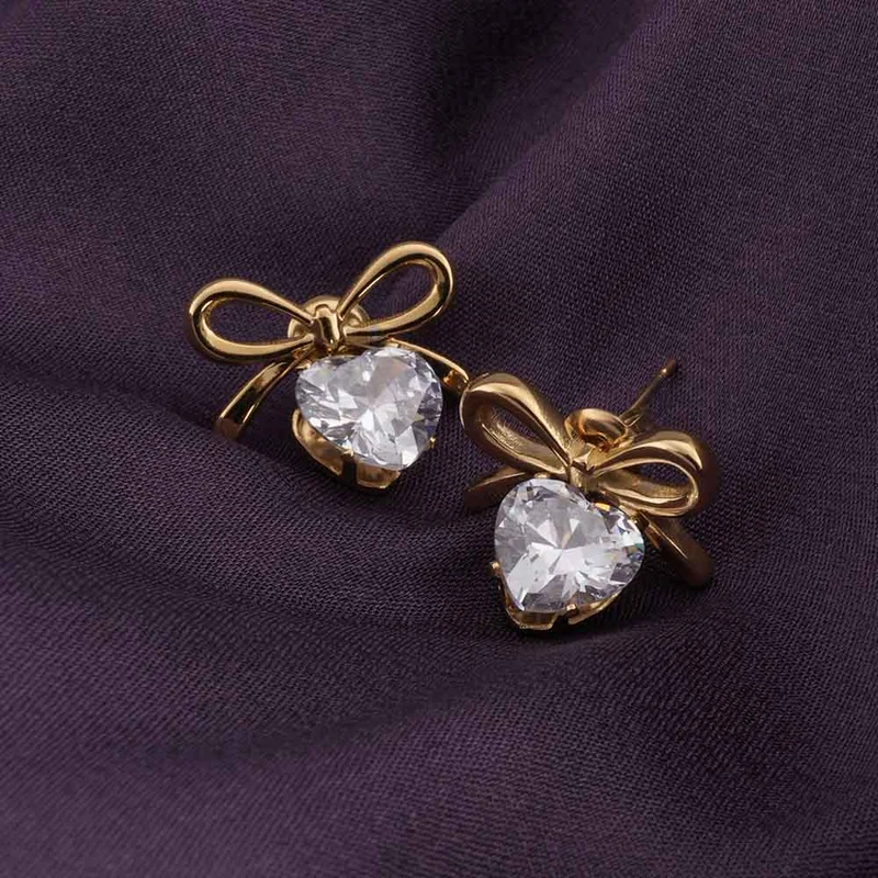 بالموناس PALMONAS CZ Zircon Bow Stud Earrings for Women | 18K Gold Plated, Waterproof & Anti-Tarnish